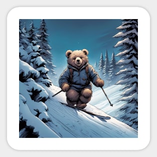 Teddy skiing down a hill in the snow Sticker